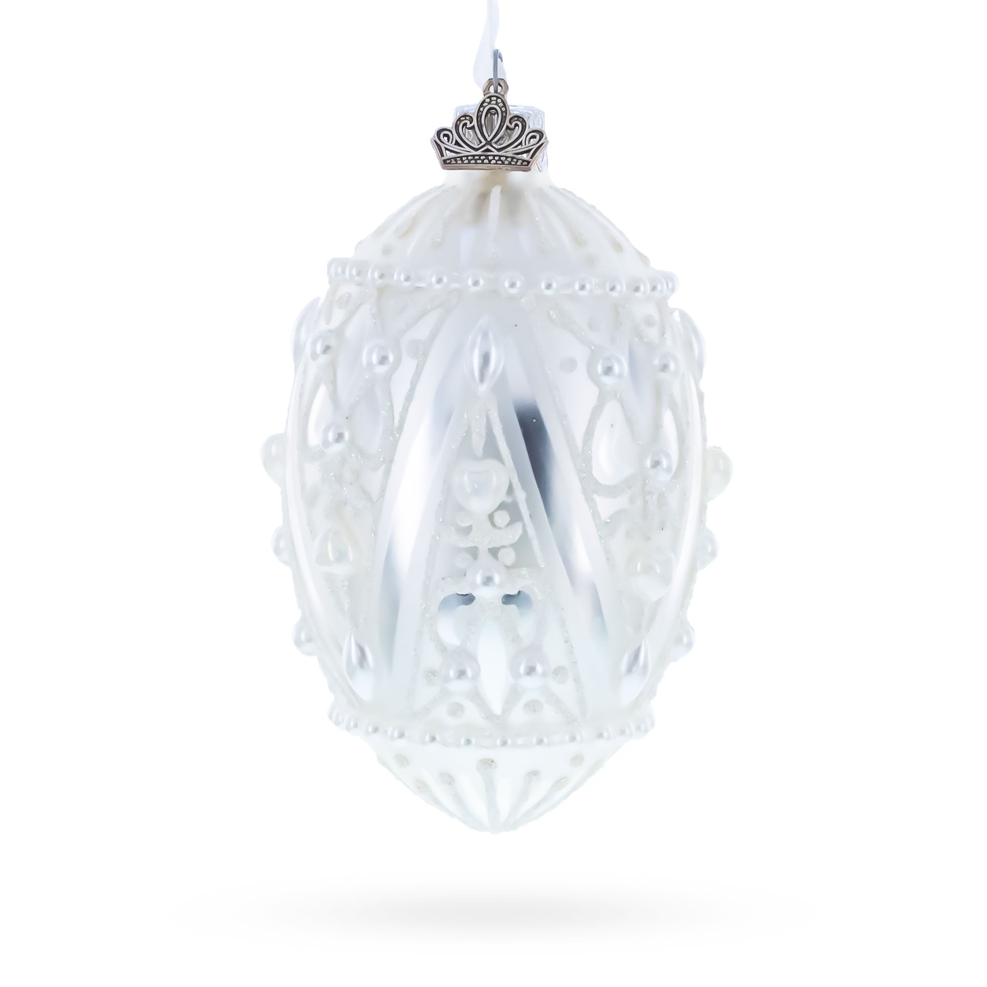 Pearlized Drops on White Glass Egg Christmas Ornament 4 Inches in White color Oval