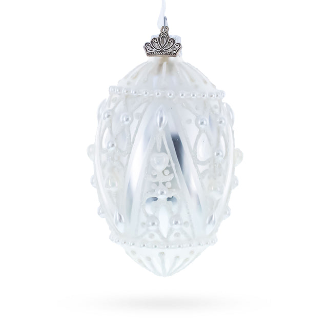 Pearlized Drops on White Glass Egg Christmas Ornament 4 Inches in White color Oval