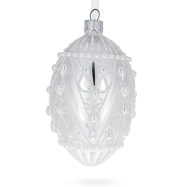Pearlized Drops on White Glass Egg Christmas Ornament 4 Inches in White color, Oval shape