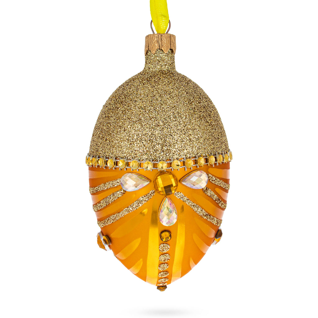 Glittered Orange Glass Egg Christmas Ornament 4 Inches in Gold color Oval