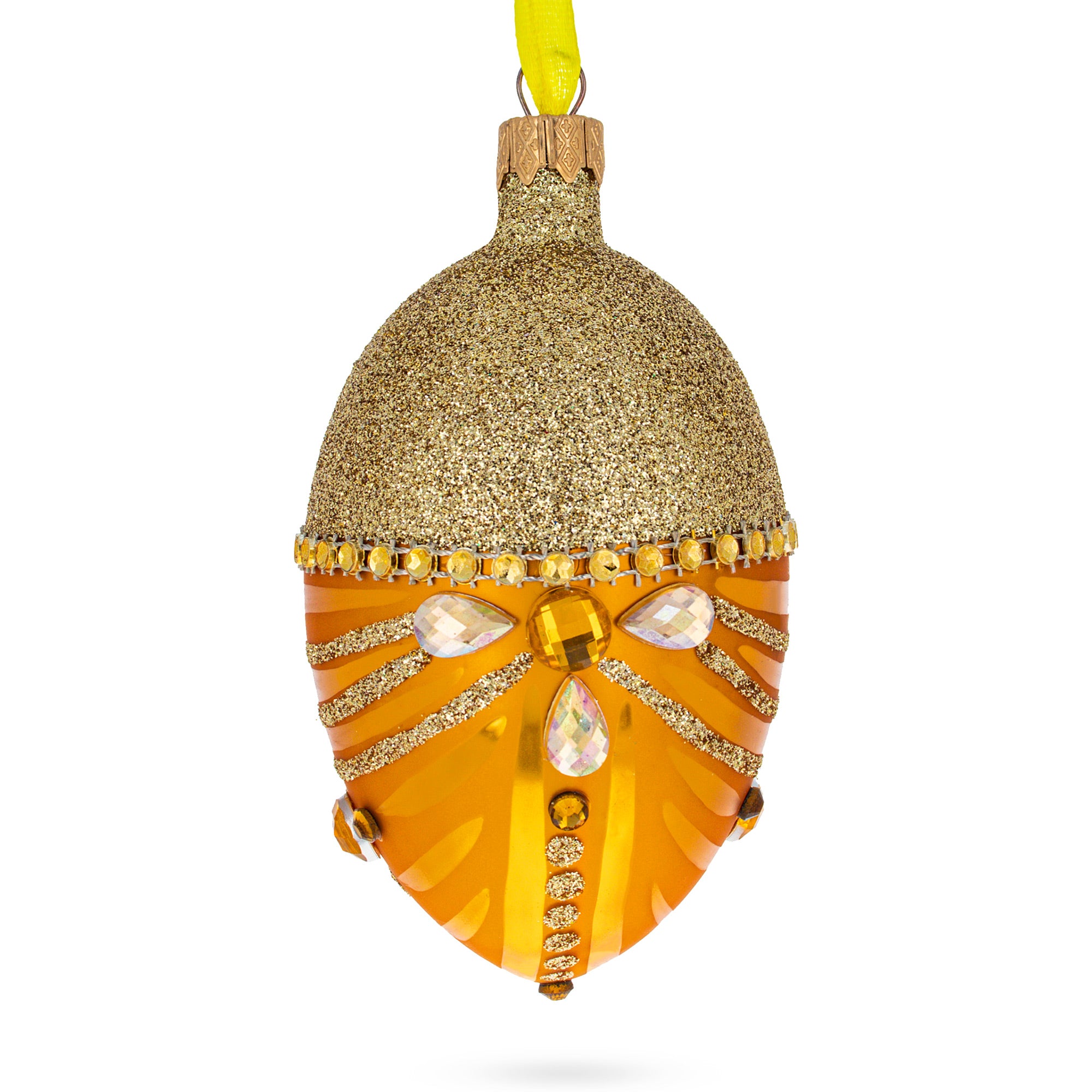 Glittered Orange Glass Egg Christmas Ornament 4 Inches in Gold color Oval