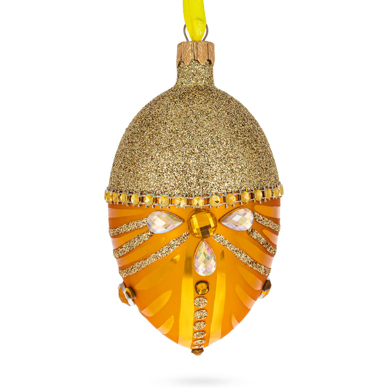 Glittered Orange Glass Egg Christmas Ornament 4 Inches in Gold color, Oval shape