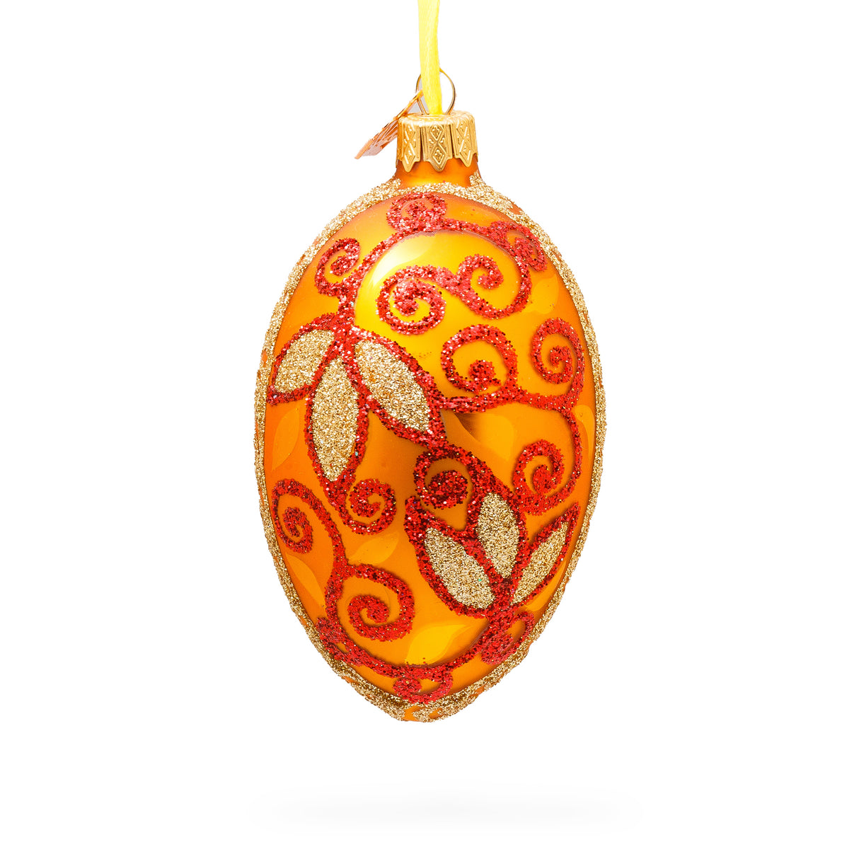 Autumn Leaves on Gold Glass Egg Christmas Ornament 4 Inches in Orange color, Oval shape