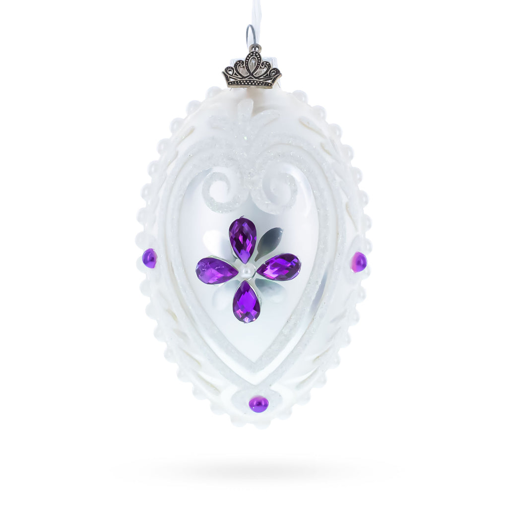Purple Drops Glass Egg Christmas Ornament 4 Inches in White color Oval