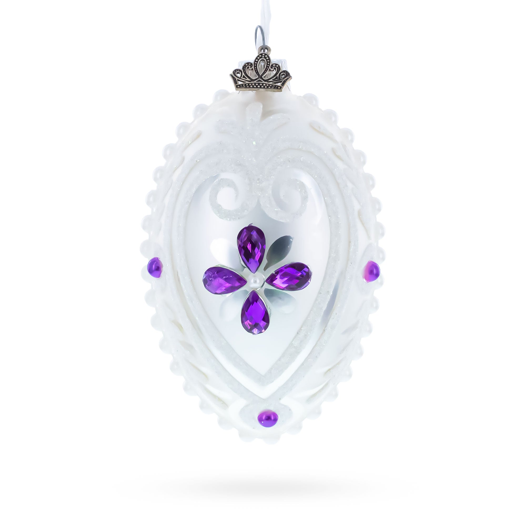 Purple Drops Glass Egg Christmas Ornament 4 Inches in White color Oval