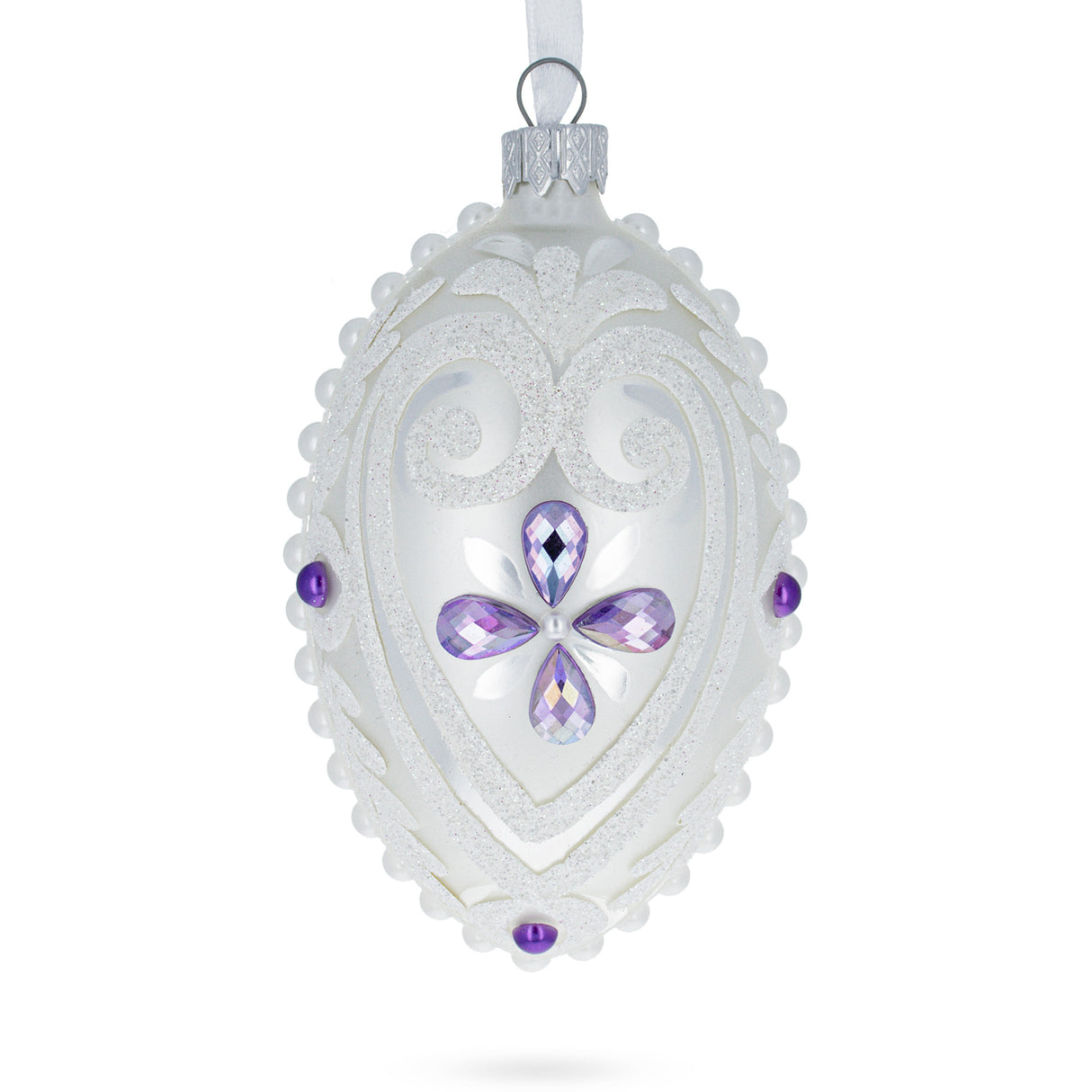 Purple Drops Glass Egg Christmas Ornament 4 Inches in White color, Oval shape