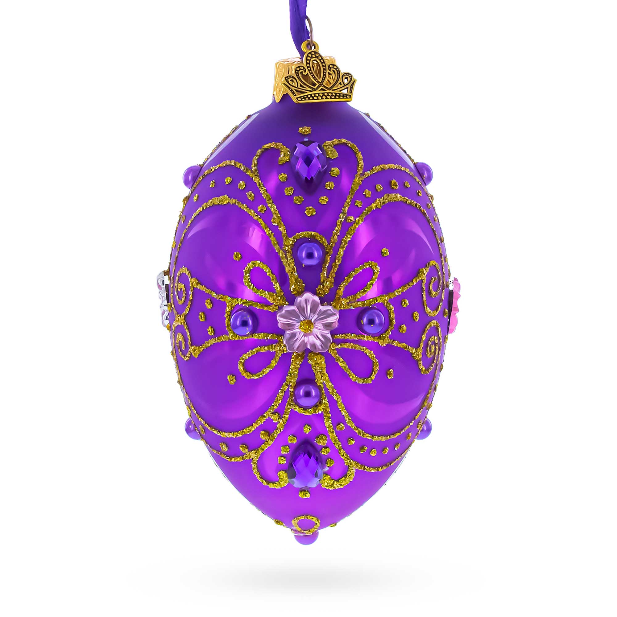 Royal Purple and Gold Glitter Scrollwork & Gem Accents Glass Egg Christmas Ornament 4 Inches in Purple color Oval