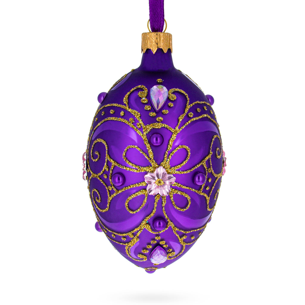 Royal Purple and Gold Glitter Scrollwork & Gem Accents Glass Egg Christmas Ornament 4 Inches in Purple color Oval