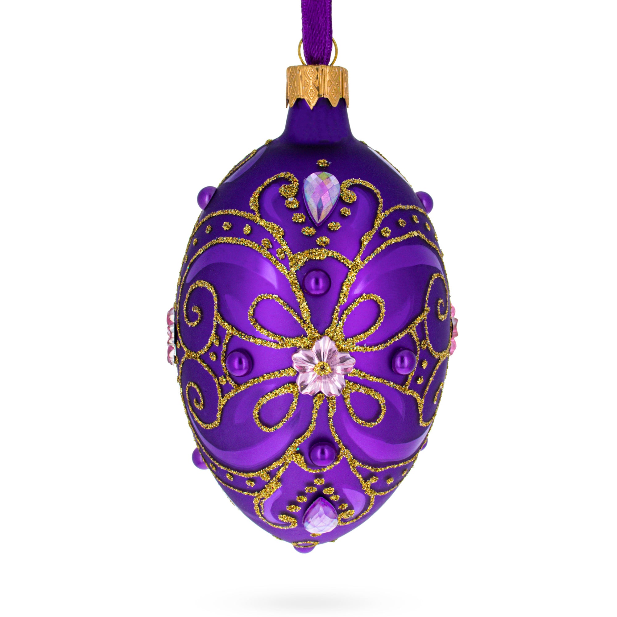 Royal Purple and Gold Glitter Scrollwork & Gem Accents Glass Egg Christmas Ornament 4 Inches in Purple color Oval