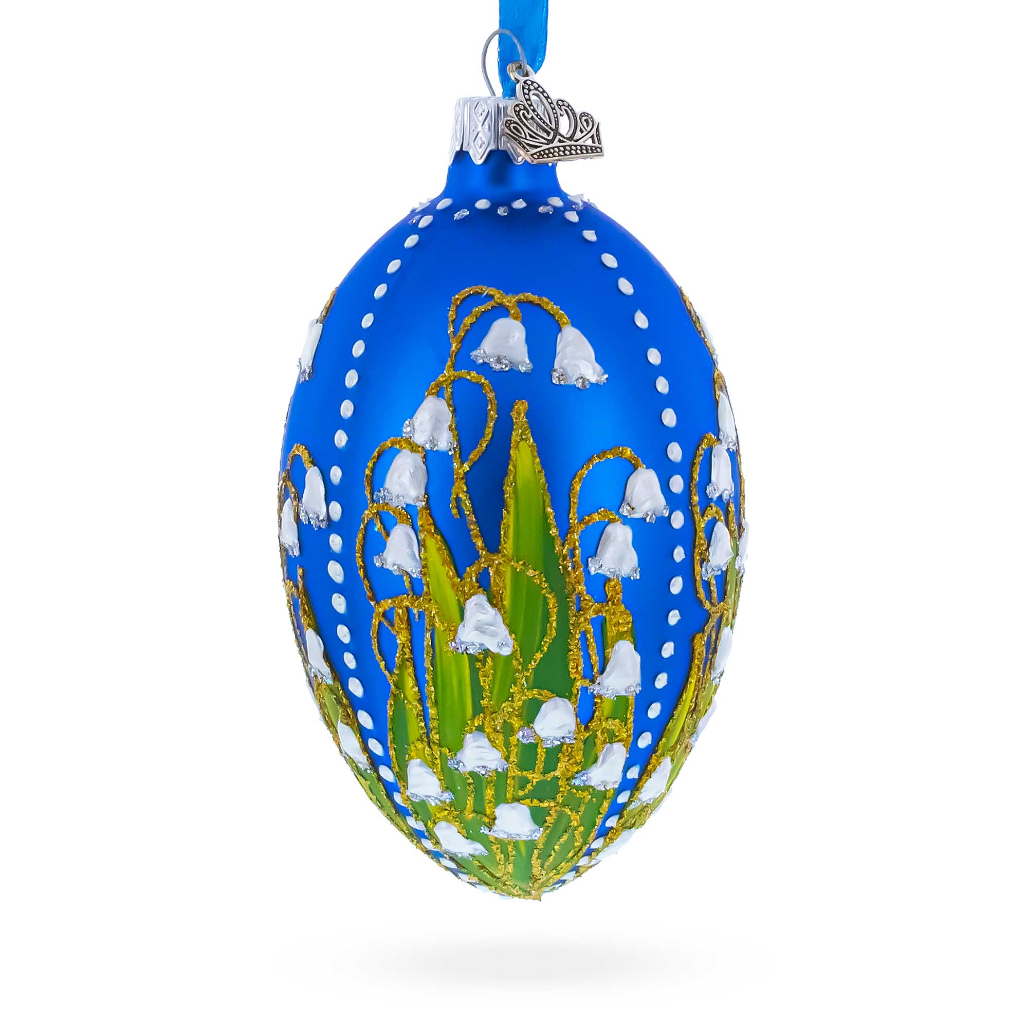 1898 Lilies of the Valley Royal in Blue Egg Glass Egg Christmas Ornament 4 Inches in Blue color Oval