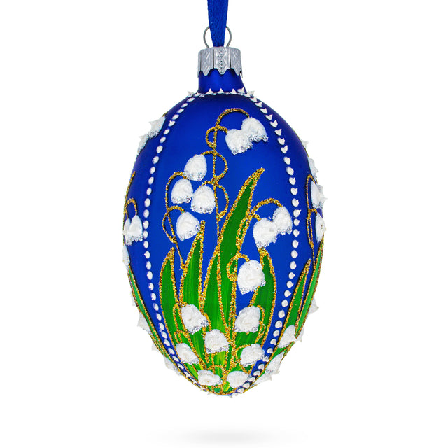 1898 Lilies of the Valley Royal in Blue Egg Glass Egg Christmas Ornament 4 Inches in Multi color, Oval shape