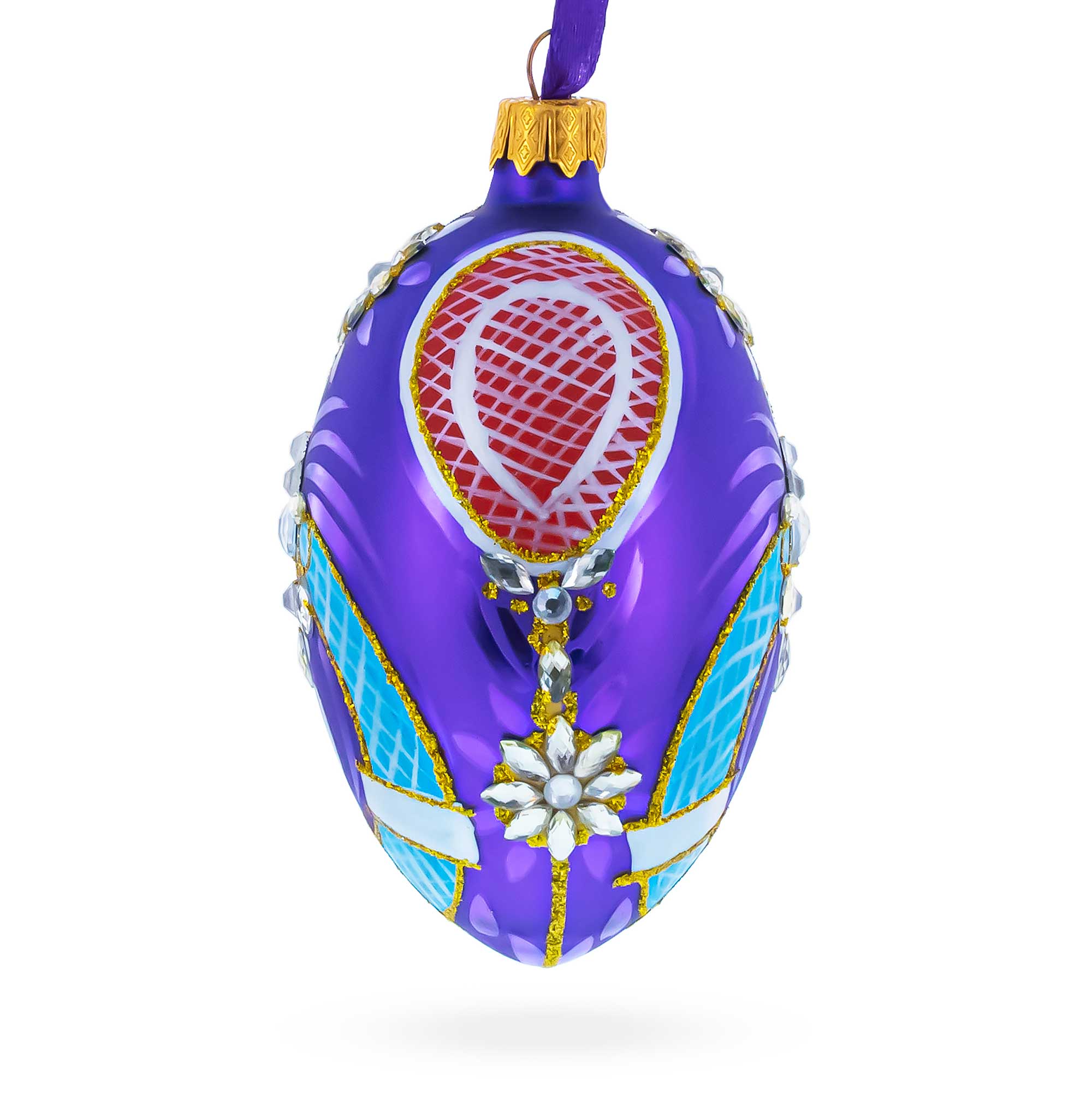 Milan Designer Luxury Flower Earrings Glass Egg Christmas Ornament 4 Inches in Purple color Oval