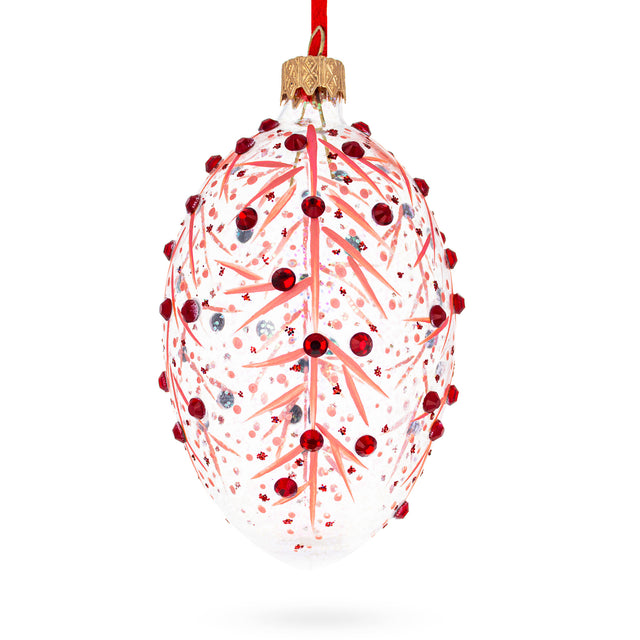 Ruby Branches Glass Egg Christmas Ornament 4 Inches in Red color, Oval shape