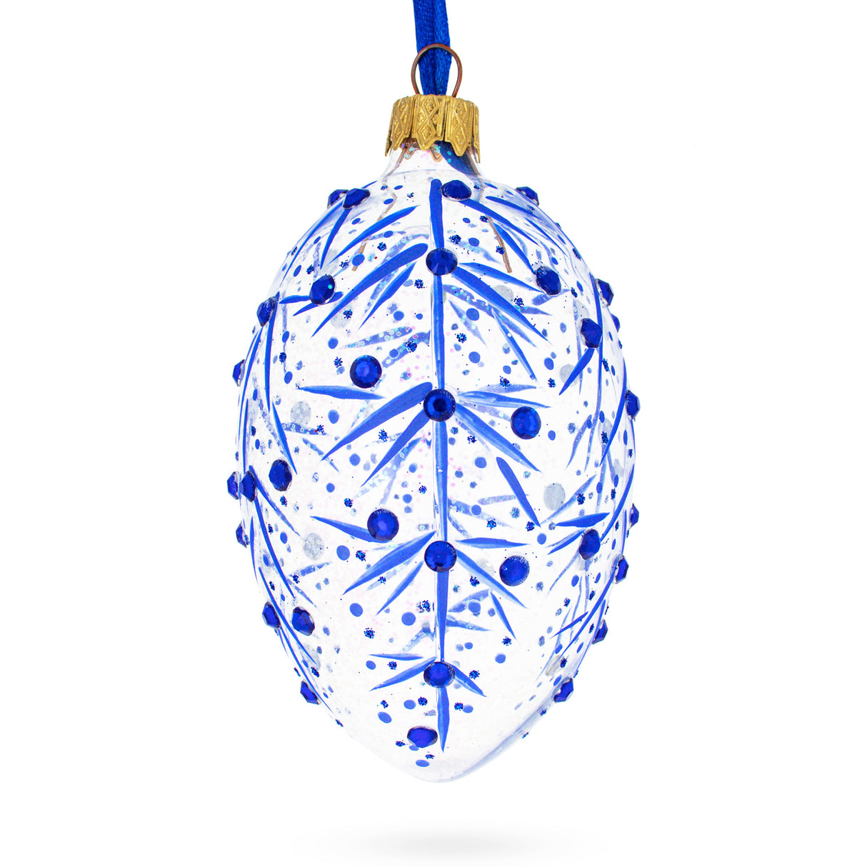 Blue Branches Glass Egg Christmas Ornament 4 Inches in Blue color, Oval shape