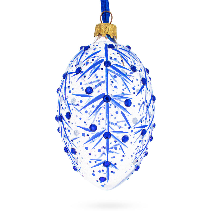 Blue Branches Glass Egg Christmas Ornament 4 Inches in Blue color, Oval shape