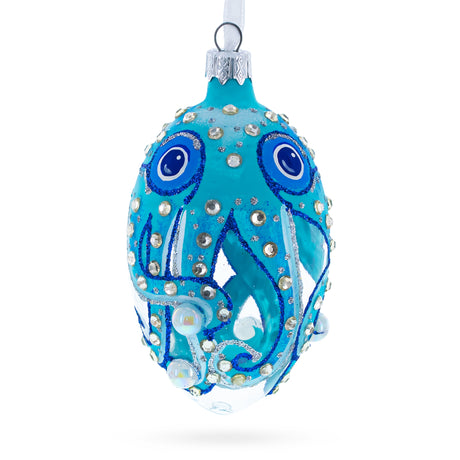 Octopus Glass Egg Christmas Ornament 4 Inches in Blue color Oval
