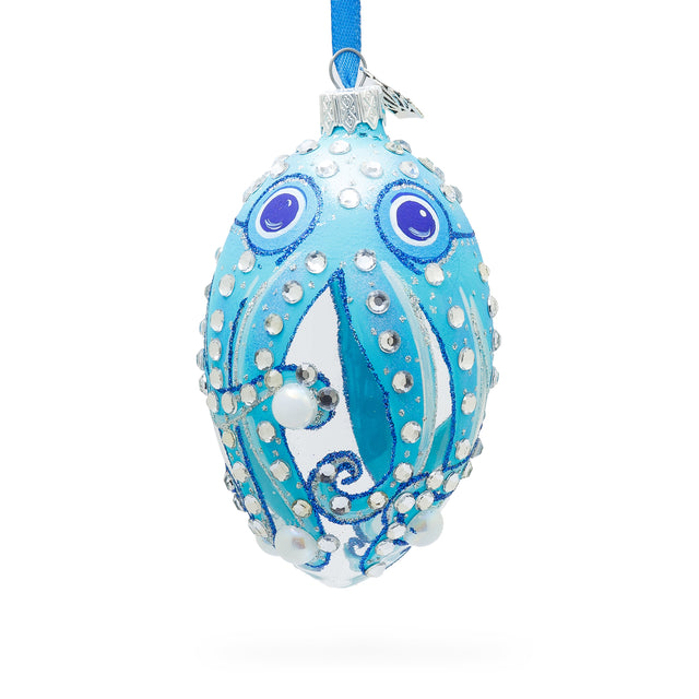 Octopus Glass Egg Christmas Ornament 4 Inches in Blue color, Oval shape