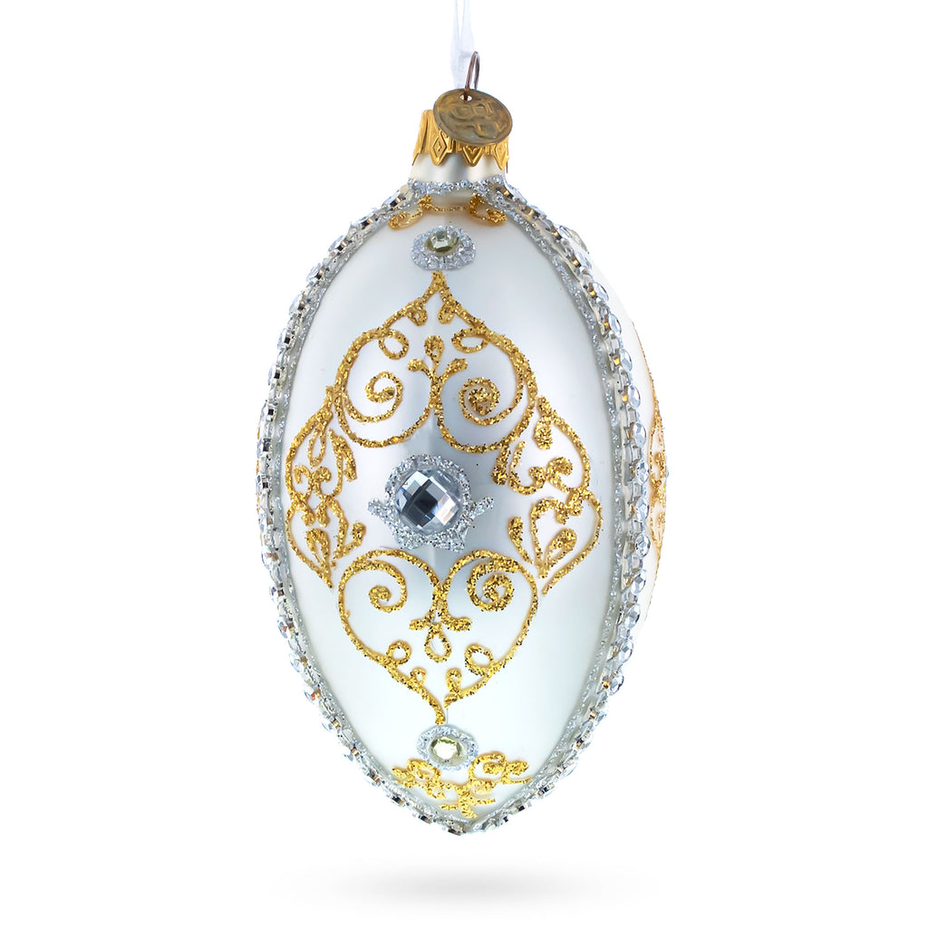Glass Diamond in Golden Scroll Glass Egg Christmas Ornament 4 Inches in White color Oval