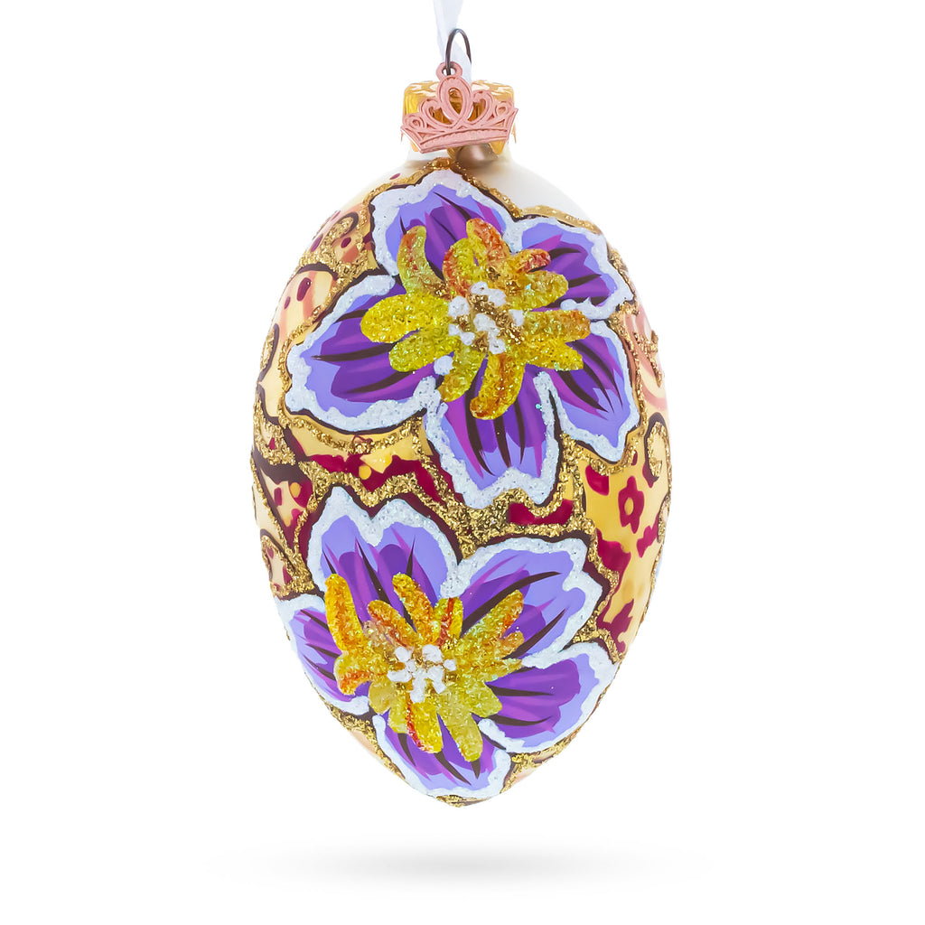 Purple Flowers Glass Egg Ornament 4 Inches in Beige color Oval