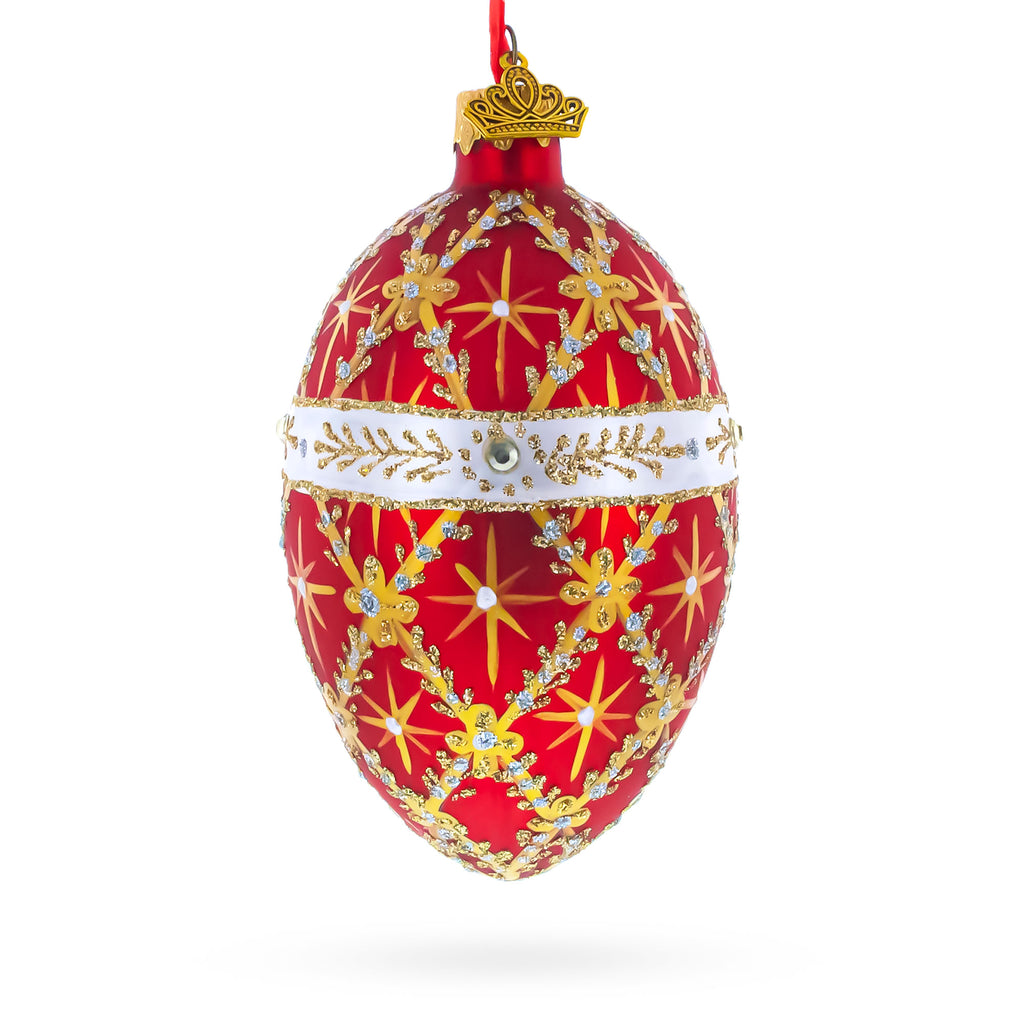 Diamond Trellis on Red Glass Egg Christmas Ornament 4 Inches in Red color Oval