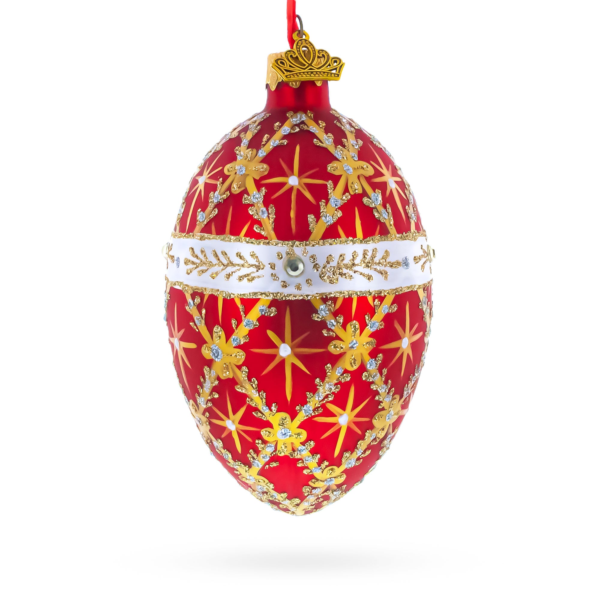Diamond Trellis on Red Glass Egg Christmas Ornament 4 Inches in Red color Oval