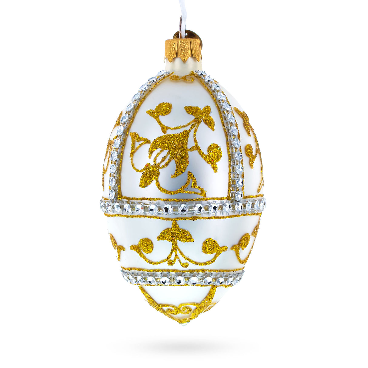 Jeweled Golden Chandelier on Silver Glass Egg Christmas Ornament 4 Inches in White color, Oval shape