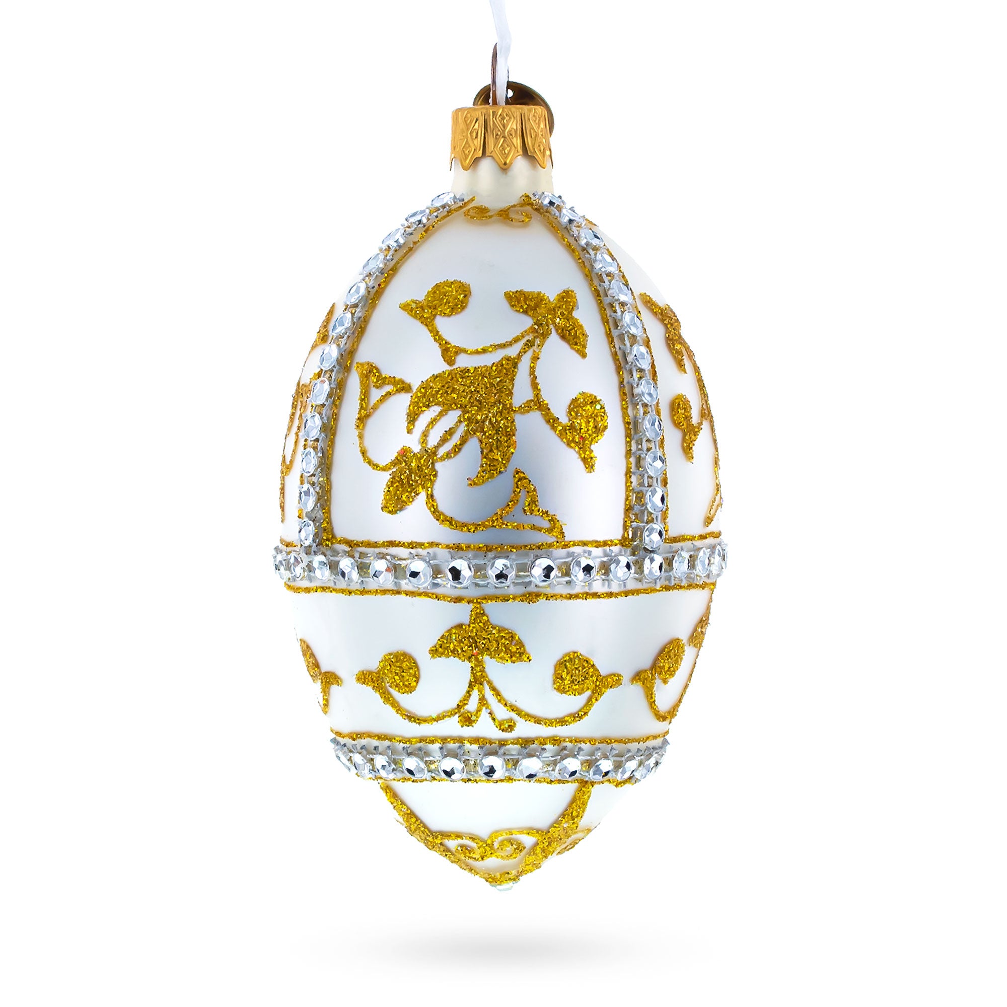 Jeweled Golden Chandelier on Silver Glass Egg Christmas Ornament 4 Inches in White color Oval