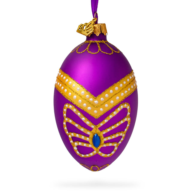 Golden Pattern on Purple Glass Egg Christmas Ornament 4 Inches in Purple color, Oval shape