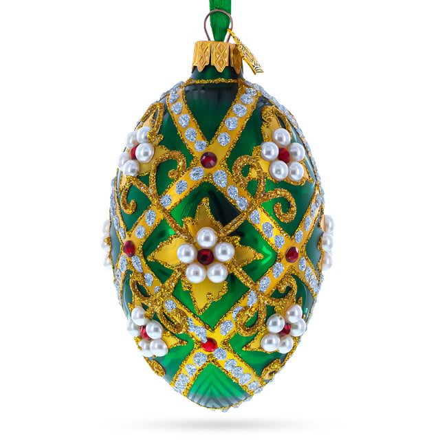 Jewels on Green Glass Egg Christmas Ornament 4 Inches in Green color, Oval shape