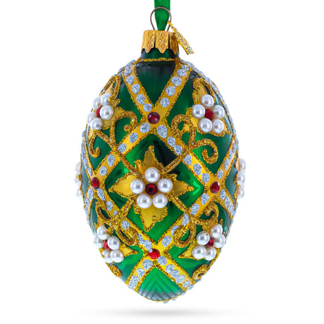 Glass Jewels on Green Glass Egg Christmas Ornament 4 Inches in Green color Oval