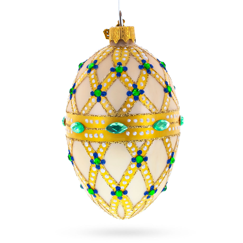 Yellow Trellis, Green Gems & Royal Blue Accents Glass Egg Ornament 4 Inches in Beige color Oval