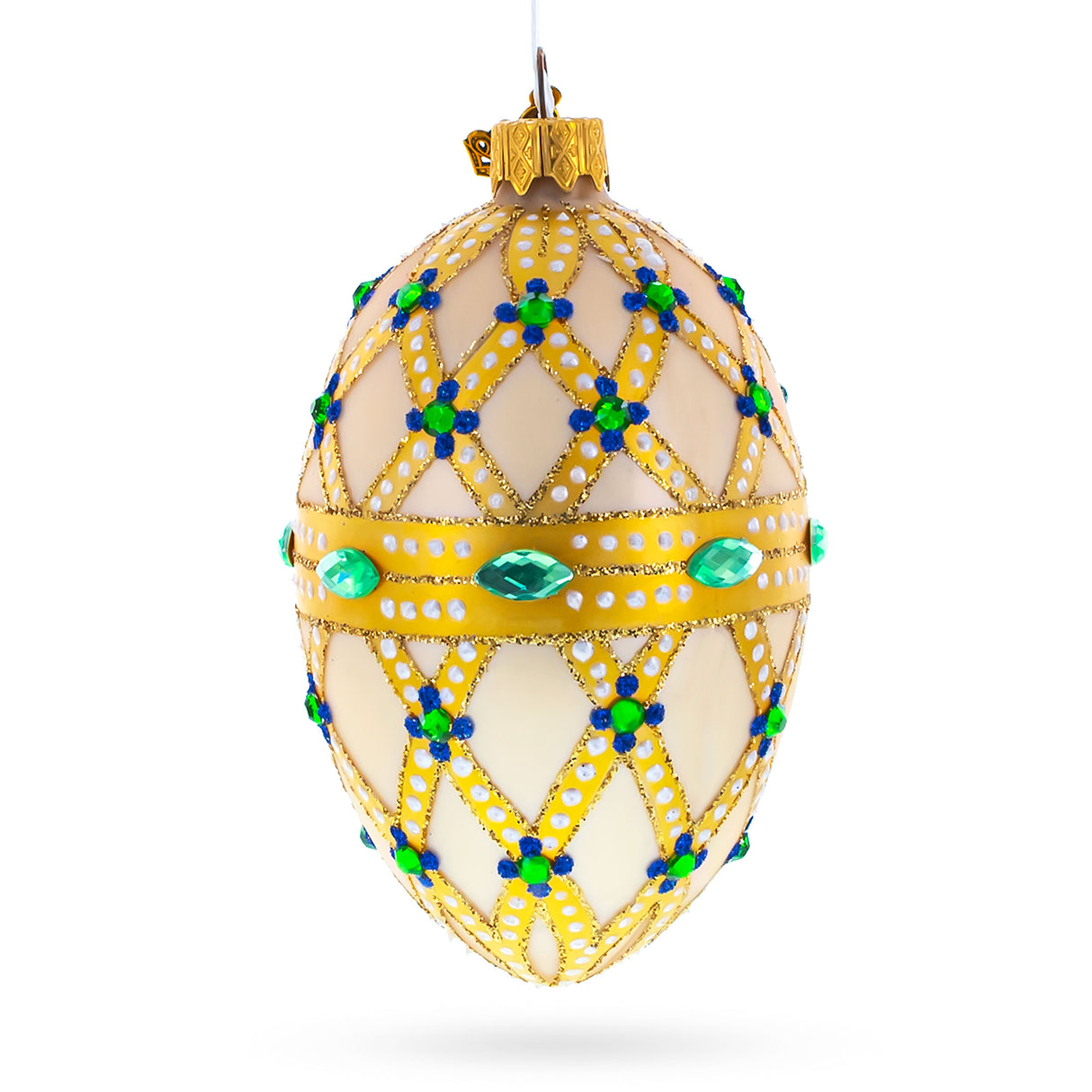 Green Jewels on Champagne Glass Egg Christmas Ornament 4 Inches in Beige color, Oval shape