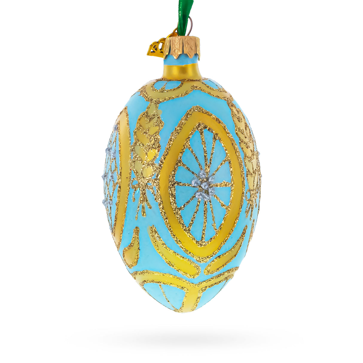 Golden Wheat on Turquoise Glass Egg Christmas Ornament 4 Inches in Blue color, Oval shape