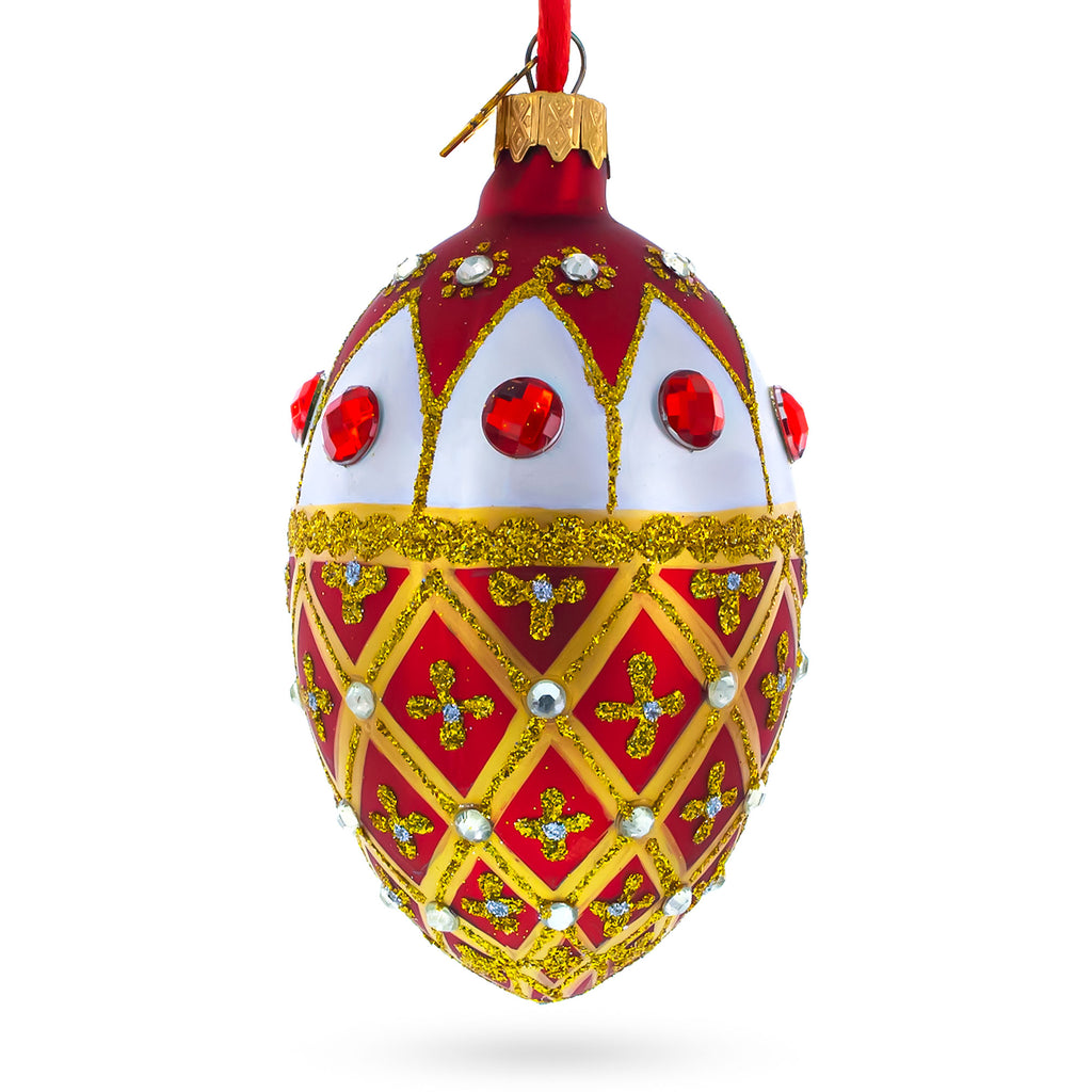 Jeweled Gold Trellis on Red and White Glass Egg Christmas Ornament 4 Inches in Red color Oval