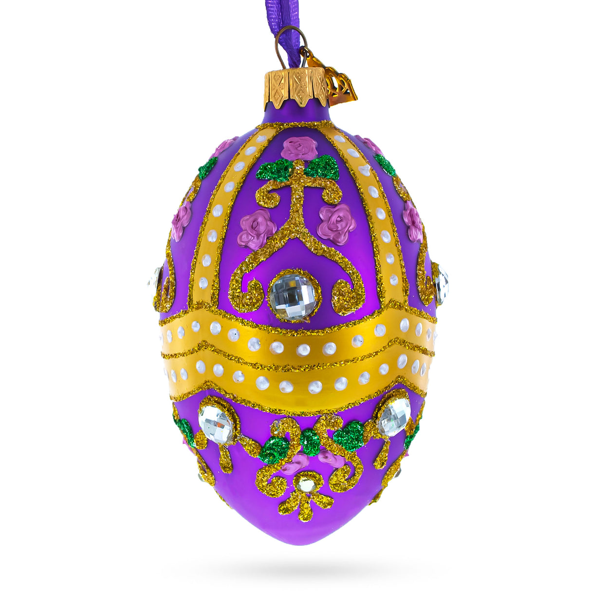 Glass Jeweled Scrolls on Purple Glass Egg Christmas Ornament 4 Inches in Purple color Oval