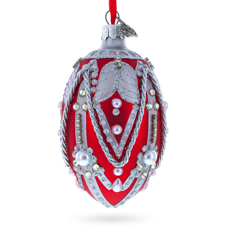 Silver Ropes on Red Glass Egg Christmas Ornament 4 Inches in Red color, Oval shape