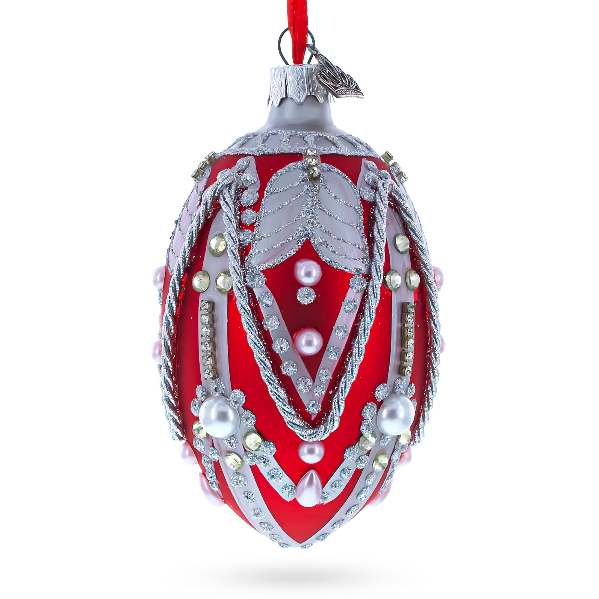 Silver Ropes on Red Glass Egg Christmas Ornament 4 Inches in Red color Oval