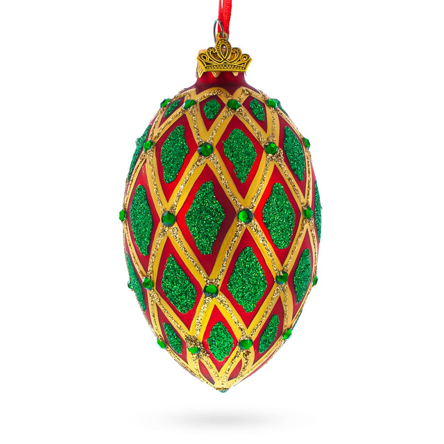 Glass Jeweled Green IKAT on Red Glass Egg Christmas Ornament 4 Inches in Red color Oval