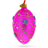 Glass Diamond Flowers on Pink Glass Egg Christmas Ornament 4 Inches in Purple color Oval