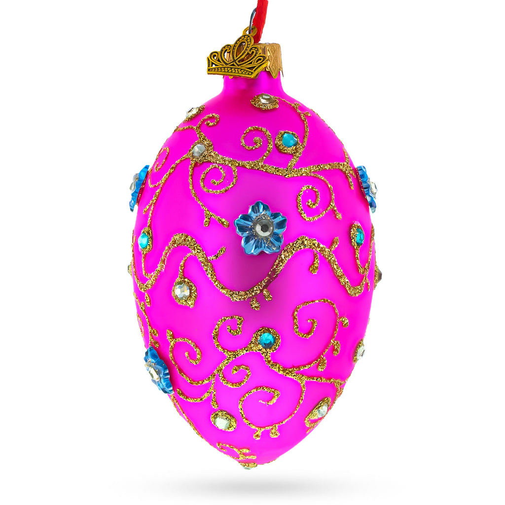 Diamond Swirl Flowers Pink Glass Egg Christmas Ornament 4 Inches in Pink color Oval