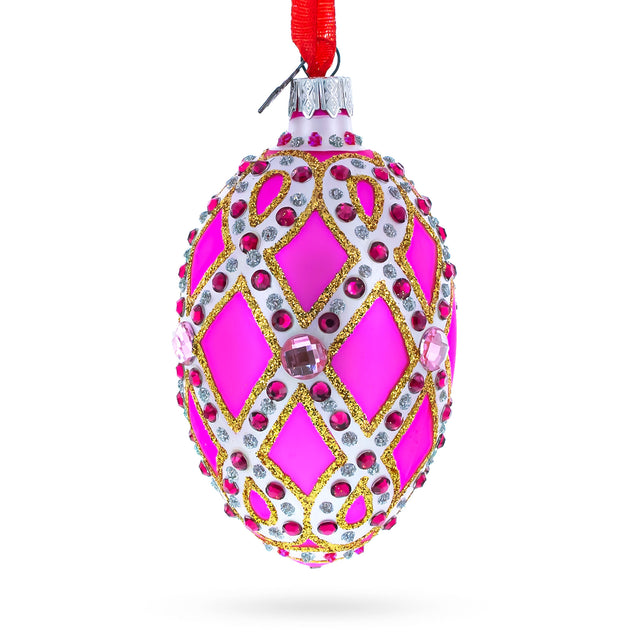 Bejeweled Trellis on Pink Glass Egg Christmas Ornament 4 Inches in Purple color, Oval shape
