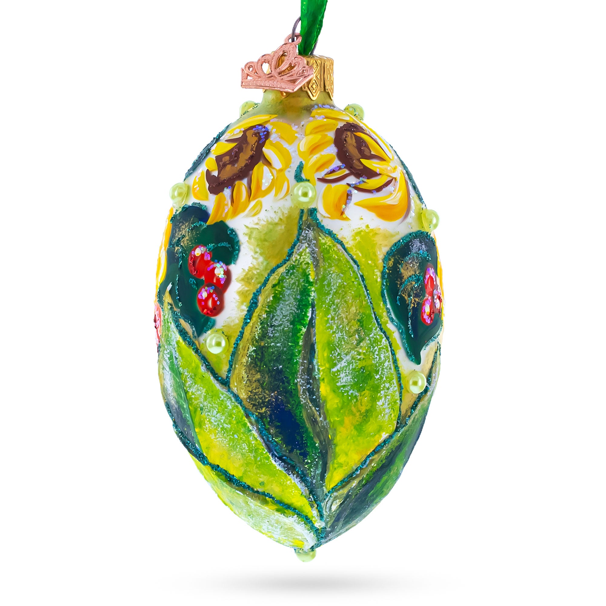 Sunflowers and Berries Glass Egg Ornament 4 InchesUkraine , dimensions in inches: 4 x 2.4 x 2.77