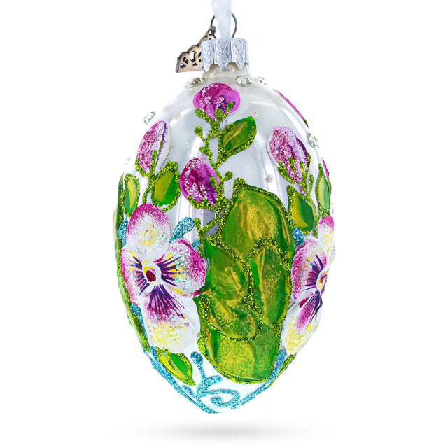 Flowers on White Glass Egg Ornament 4 Inches in Multi color, Oval shape