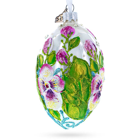 Flowers on White Glass Egg Ornament 4 Inches in Multi color Oval