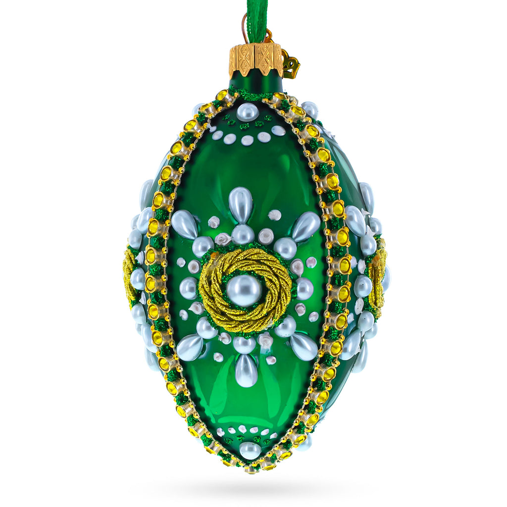 White Pearls on Green Glass Egg Christmas Ornament 4 Inches in Green color Oval