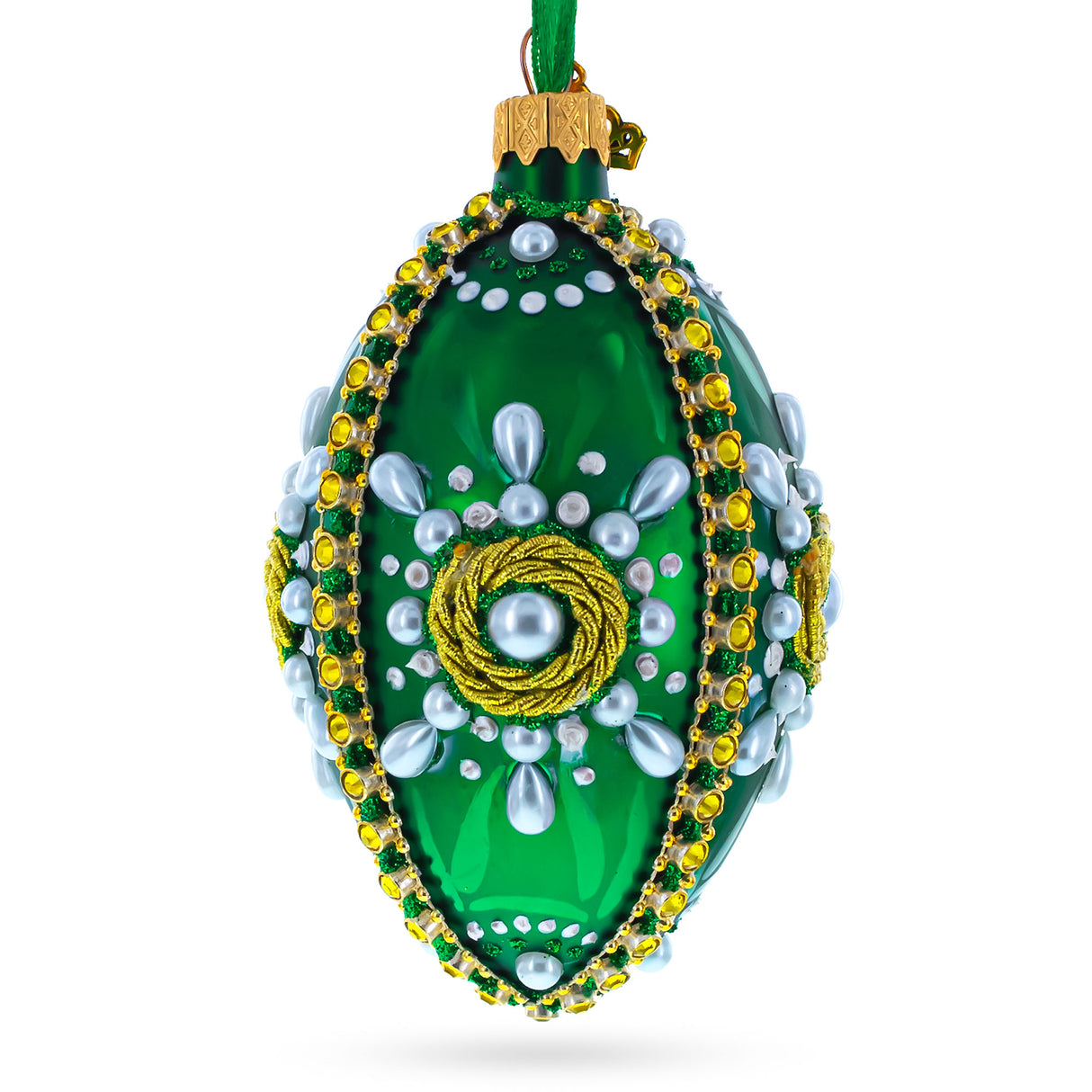 White Pearls on Green Glass Egg Christmas Ornament 4 Inches in Green color, Oval shape