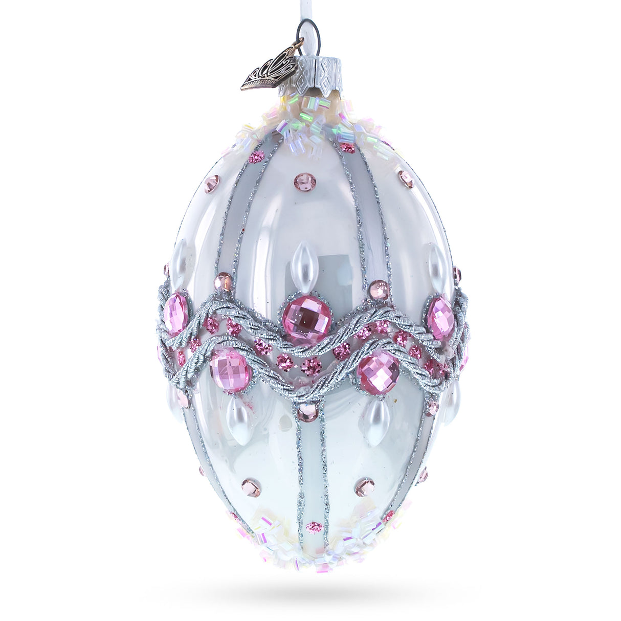 Pink Jewels on Striped Glass Egg Ornament 4 Inches in White color, Oval shape