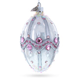 Pink Jewels on Striped Glass Egg Ornament 4 Inches in White color, Oval shape