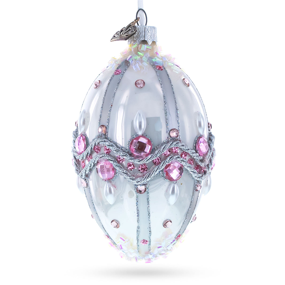 Glass Pink Jewels on Striped Glass Egg Ornament 4 Inches in White color Oval