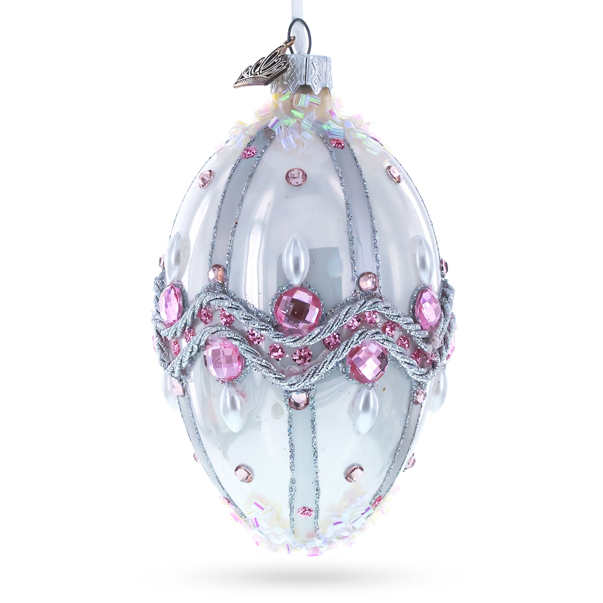 Pink Jewels on Striped Glass Egg Ornament 4 Inches in White color Oval